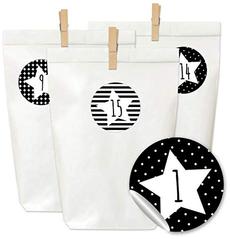 Papierdrachen Adventskalender zum Befüllen und Basteln - 24 weiße Papiertüten, 24 Zahlenaufkleber und 24 Holzklammern - Motiv schwarze Sterne für Kinder und Erwachsene - Set Nummer 30