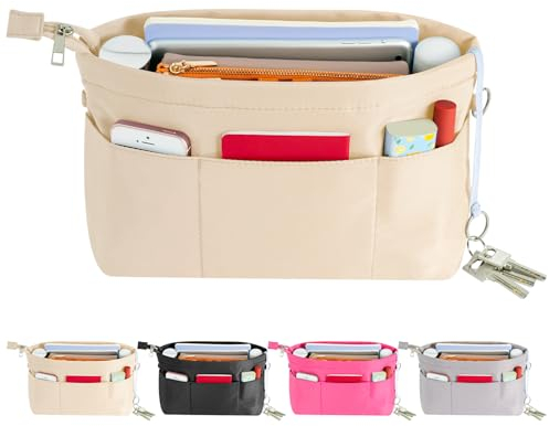 HyFanStr Handtaschen Organizer Nylon, Taschenorganizer Tasche in Tasche Organizer Innentaschen für Handtaschen mit Schlüsselkette,Beige,Mittel