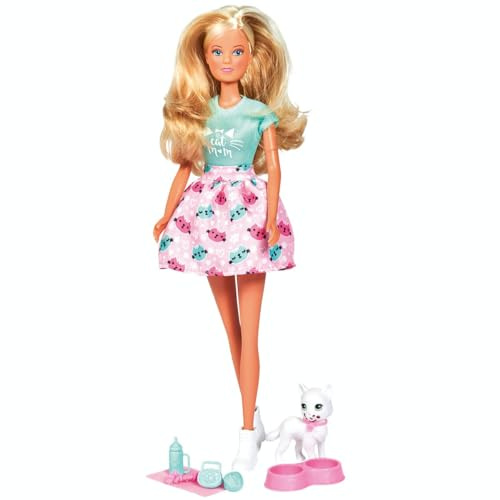 Simba 105733489 - Steffi Love Kitty Love, Puppe in einem modischen Outfit mit süßer Katze mit Essen um den Mund, mit viel Zubehör