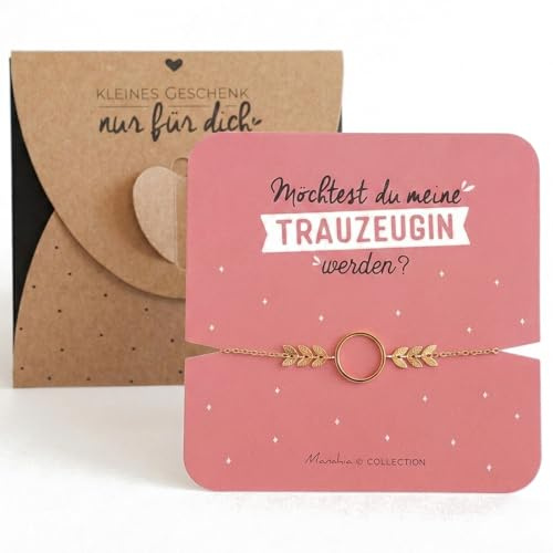 Manahia Geschenk Trauzeugin fragen - Armband & Karte: Möchtest du meine Trauzeugin werden? - Trauzeugin Antrag - Edelstahl Gold Kreis & Blätter - Inkl. Geschenkbox