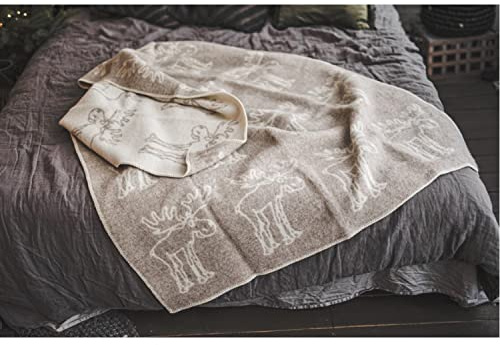 Ger3as Wendedecke Wolldecke Plaid 130 x 200 cm Warme Decke aus Schafwolle Decke Kuscheldecke Wolle Überwurf, Baumwolle Plaid oder Kuscheldecke für Sofa (Elch beige1)
