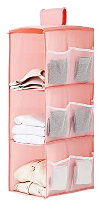 XiXiRan Organizador de Armario Colgante, Estantería Colgante de Tela, con 3 Niveles y 9 Bolsillos, Ahorro de Espacio y Plegable, Estante de Tela para Armario para Ropa, Toallas, Ropa Interior(Rosa)