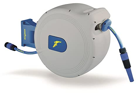 Goodyear Automatische Schlauchaufroller 30 m, Wandhalterung mit 180° Drehung, Druck 8 bar, Schlauch mit Verdrehschutz und UV, Schnellanschlüsse ½ Zoll und ¾ Zoll