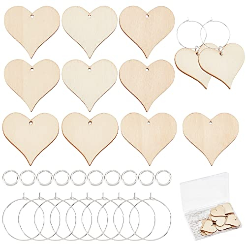 SUNNYCLUE 1caja de Madera para Copas de Vino, Marcadores, Etiquetas de Identificación, Abalorios de Corazón de Madera, Identificadores de Vidrio para Bebidas, Copas de Tallo, 20 colgantes de Madera, 2