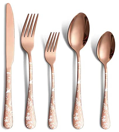 Jxkgenix Stainless Steel Cutlery Set for 4 People, 20 Piece Set Including Knife, Fork, Spoon, Mirror Polished, Dishwasher Safe, Camping Flatware (Rose Gold)