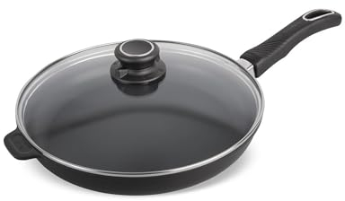 Original Gundel GUSS-PFANNE 28 cm mit Glasdeckel, flach Höhe 4,5 cm, BIOTAN-Oberfläche, PFOA-frei, Set inklusive Deckel