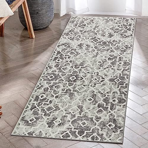 KIMODE Marokkanisch Geometrisch Teppich Läufer 60x130cm, Weich rutschfest Waschbarer Kunstwolle Modern Kurzflor Grau Küchenteppich,Für Flur Schlafzimmer Küche Eingangsbereich
