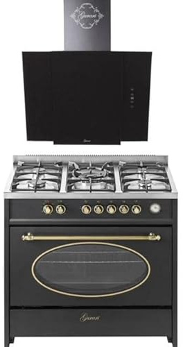 GURARI spis set GCH E 914 BL r GCH S 171 90 BL Prime, retro stående spis 90 cm, range coocker, svart + köksfläkt, vägghuva, huvudfri huva 90 cm, svart glas, frånluft/luftcirkulation