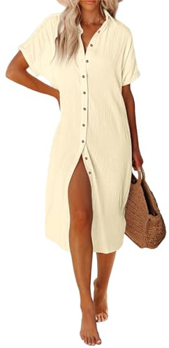 UMIPUBO Strandklänning för kvinnor långa baddräkter bikini täcka upp knäppta baddräkter och saronger sommar strandkläder, Beige färg, XL
