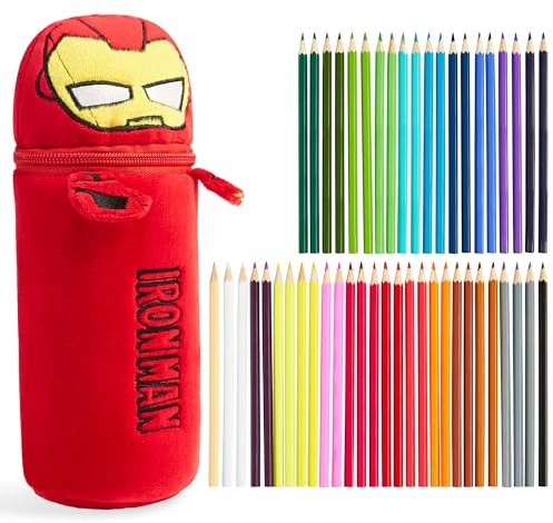 Marvel Spiderman Coloured Pencils with Pencil Case 48 Pcs Iron Man Vibrant Colouring Set for Drawing Sketching School Travel Art Supplies Boys Gifts (Red Iron Man)