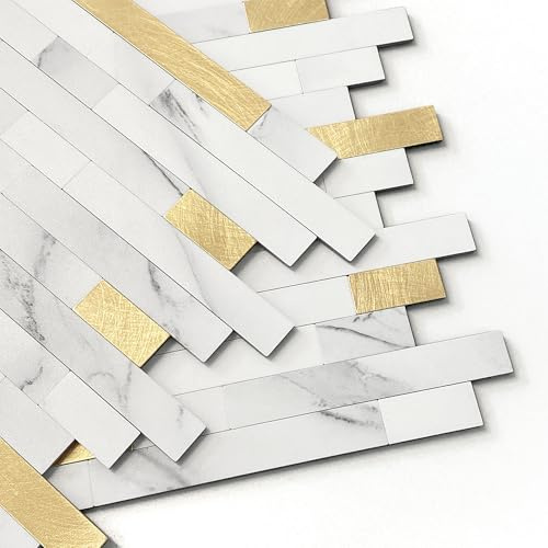 M MOFIT 3d Selbstklebende Fliesen Fliesenaufkleber Wandfliese Küche Mosaikfliesen Steinoptik Bad Wasserdicht(10 Matten,Weiß Gold)