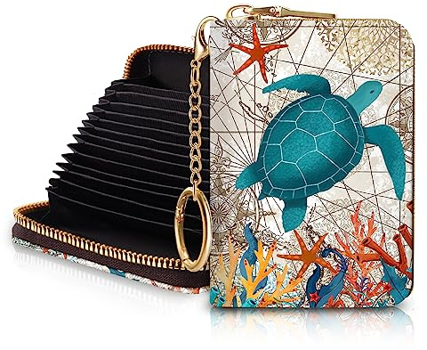 Blusabaca RFID Credit Card Holder Wallets for Women, Small Card Case Wallet with Keychain and Zipper, Leather Card Holder Sea Turtle Pocket Business Card Accordion Wallet