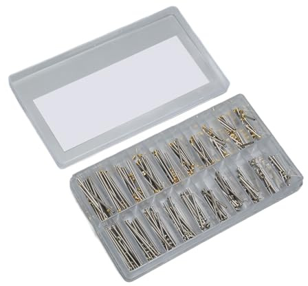 200 Tornillos Acero Inoxidable Reloj 1,3mm Oro Plata | Varillas conexión correas, 10 tamaños etiquetados, caja almacenamiento, reparación profesional, durable resistente