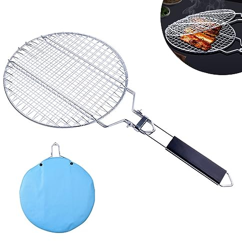 Cestino per barbecue in acciaio inox, portatile, pieghevole, con manico rimovibile, per barbecue all'aperto, pesce e verdure, rotondo