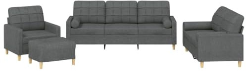 vidaXL Sofagarnitur 4-TLG., Sessel Couch mit Kissen Fußhocker, Sofa Wohnzimmersofa mit Armlehnen, Couchgarnitur Designsofa Sitzmöbel Polstermöbel, Dunkelgrau Stoff