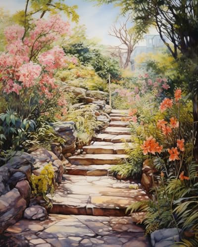 Gestempelte Kreuz-Kits, Steinweg durch den Garten, Nadelspitzen-Kreuz-Sets für Anfänger, Stickerei-Kunst und Handwerk für Heimdekoration (11-fädig, ohne Rahmen, 40,6 x 50,8 cm)