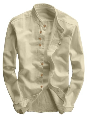 RUMAOZIA Camicia in lino, a maniche lunghe, Katana, da uomo, stile giapponese, con colletto alto, slim fit, in lino, in cotone, per il tempo libero, da uomo, casual, traspirante, classica, cachi, XXL