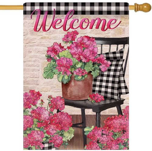 Dyrenson Welcome Spring - Bandera de casa de flores de geranio rosa de 28 x 40 pulgadas, doble cara, color negro y blanco, diseño de búfalo, decoración de jardín, patio, decoración de verano al aire