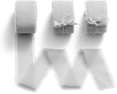 MORSUNBELA Geschenkband Breit Schleifenband Hochzeit Chiffonband Grau | 3 Rollen Chiffonband mit Fransen, 25 mm x 6,4 m,breites Geschenkband für Hochzeit,Geburtstag,Geschenkverpackung