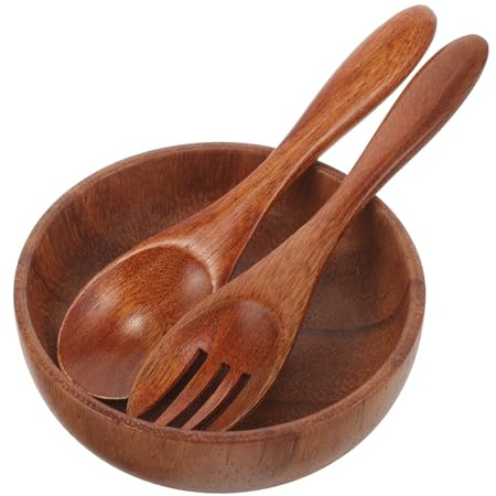 Amosfun Small Acacia Wood Bowls for Dipping, Table Side Dish Bowl with Spoon Fork, Mini Round Serving Bowl for Condiment, Chips, Appetizers, Yogurt (4x8cm)