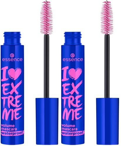 essence I LOVE EXTREME volume mascara waterproof, Schwarz, langanhaltend, volumengebend, schwunggebend, intensiv, vegan, wasserfest, ohne Mikroplastikpartikel, Nanopartikel frei, 2er Pack (12ml)