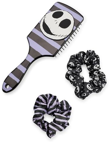 Disney L'Étrange Noël de Monsieur Jack Ensemble brosse à cheveux et chouchou pour femme | Brosse à pompon et palette pour adultes avec visage de Jack Skellington 3D en noir