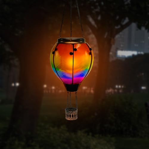 Hot Air Balloon Light Realistic Flame Outdoor Hanging LED Garden Lantern Waterproof Glass Effect Flaming Hot Air Balloon Lantern with Chain Hook Festive Lights for Garden Yard