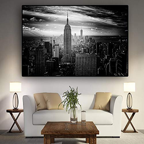 GLWDMH Leinwanddruck New York City Manhattan Schwarz-Weiß-Gebäude Leinwandgemälde Poster und Drucke Wandkunst Bild für Wohnzimmer - Ungerahmt, 1 Stück