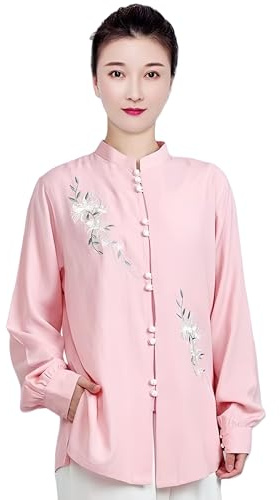 Women's Linen Tai Chi Suit Chinese Traditional Tang Suit Unisex Martial Arts Kung Fu Shirt Casual(F-Pink，Small)