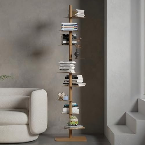 Bücherturm freistehend 9-stufiger Metall,DIY-Bücherregal Unsichtbar Stehend dreiseitiger,treppenregal for die Leiter als Aufbewahrungsregal for die Heimausstellung(Gold)