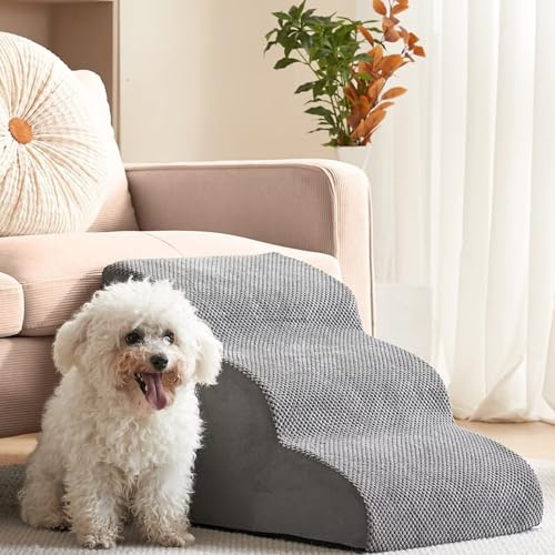 Dog Steps, 3 Steps Non Slip Pet Stairs for Bed Sofa, Portable Stairs with Washable Cover, High Density Foam Dog Ramp, for Small Dogs and Cats, 56 * 40 * 35cm