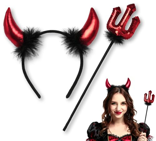 HSSPYY Teufel Haarreif mit Hörnern & Pailletten-Dreizack – Karneval & Fasching Kostüm Zubehör für Erwachsene – Auffälliges Teufel Accessoire für Umzug, Party & Verkleidung