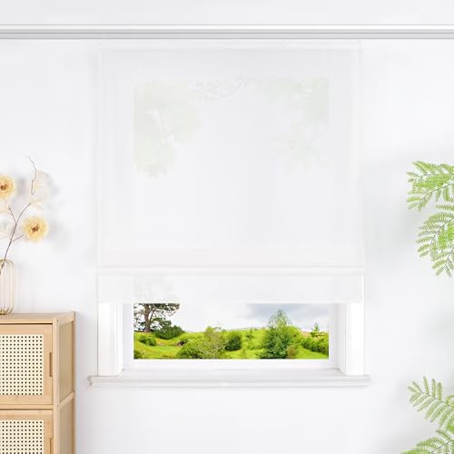 Heichkell Raffrollo mit Schienensystem Unifarbige Gardine Halbtransparente Raffgardine Landhausstil Rollo Weiß BxH 80x140 cm