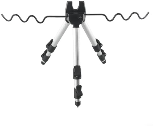 Qualoramall Soporte telescópico de aluminio para caña de pescar, soporte de trípode ajustable y plegable para hasta 7 cañas con gancho de patas de pincho, extensible a 62 cm o 120 cm para pesca en