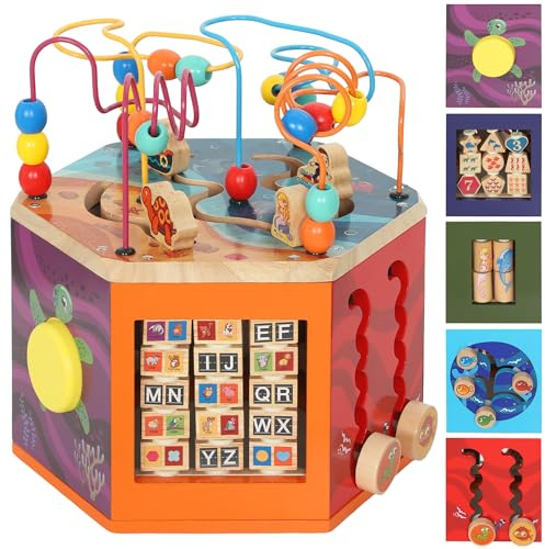 AIYAPLAY Wooden Activity Cube, Montessori Baby Toys with Bead Maze, Pattern Sorter, Early Educational Sensory Toys, Birthday Gift for Toddlers Boys and Girls 18+ Months