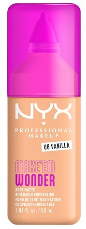 NYX Professional Makeup Make 'EM Wonder Foundation, 24H Soft Matte Aufbaubare Foundation, Mit hoher Deckkraft, Mattes Finish, 08 Vanilla