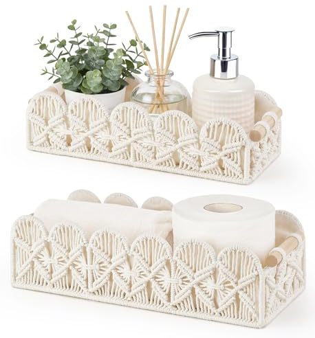 Mkono Macrame Storage Basket, Scalloped Edge Toilet Paper Basket Boho Woven Decor, Small Countertop Organizer with Handles for Shelf, Living Room, Bedroom, Home,Office, Set of 2, Ivory