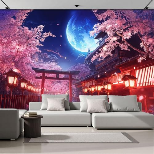 Carta Da Parati Fotografica Architettura Giapponese 3D Effetto Fiori Ciliegio Vista Notturna Design Carta Tessuto Non Tessuto TNT Rosa XXL Fotomurale per Soggiorno Camera Letto Studio,500×350cm