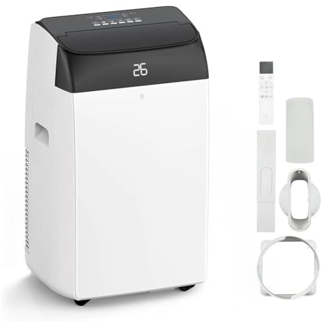 Aire acondicionado portátil 10000 BTU – silencioso 3 en 1, Enfriamiento, deshumidificador 30L/día y ventilador 2 velocidades – Gas R290, temporizador 24h, pantalla LED, cubre 28 m², Blanco y negro