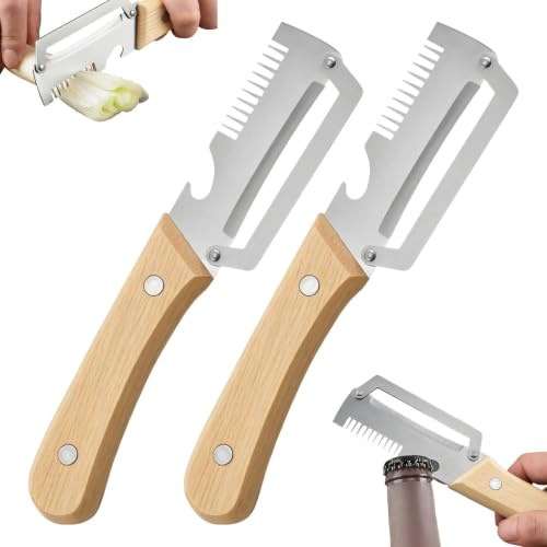 3-in-1 Multifunktionaler gemüsesschäler, 2 Stück Zero Snag Holzschäler Mit Holzgriff & Flaschenöffner, Sparschäler Küchenhelfer Aus Edelstahl Für Obst, Kartoffeln, Kürbis, Papaya Und Zucchini