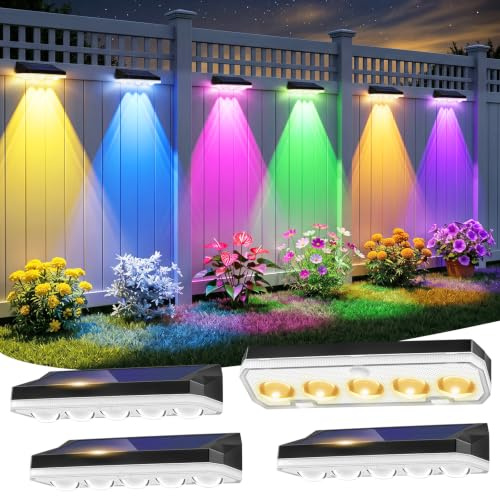 Solar Fence Lights Outdoor,Solar Lights Outdoor Garden 40 Lighting Modes | 4 Pack 5 Lens 3000K/6000K/RGB 8 Colors, IP65 Waterproof Wall Light Solar Powered for Yard, Garage, Pathway