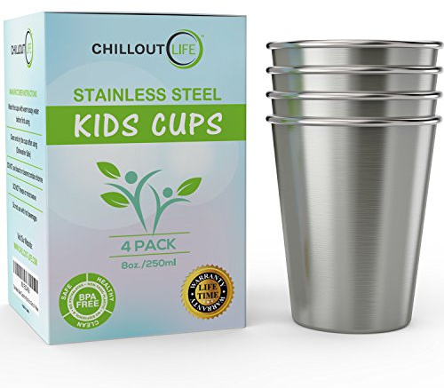 CHILLOUT LIFE Stainless Steel Kids Cups 8 oz - Stainless Steel Small Children Cups for Home & Outdoor Activities, BPA Free Unbreakable Premium Stackable Metal Drinking Glasses (4-Pack)