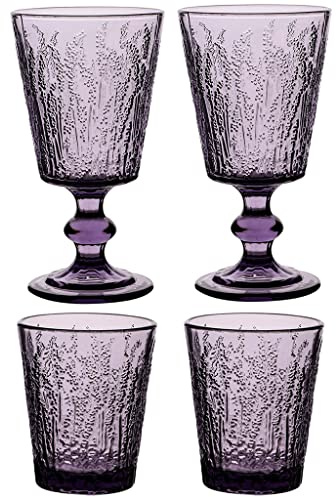 Dibor Luxury Set of 4 Large Embossed Wine Glass Goblets & Tumblers Lavender Relief Glassware (BP77/BP79)