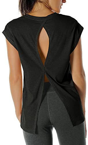icyzone T-Shirt de Sport Femme Yoga Shirt Manches Courtes Fitness Running Décontracté Tops Dos Ouvert(XL, Noire)