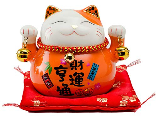Mkuha Maneki Neko - Chat Chinois Porte en Porcelaine-Feng Shui Porte-Bonheur et Tirelire Lucky Cat L12*W9*H10cm,Orange