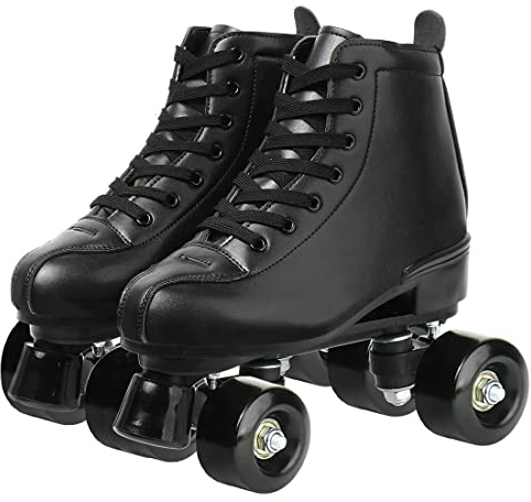 XUDREZ Patines clásicos de piel de doble fila para mujeres y hombres (ruedas negras negras, 8.5)