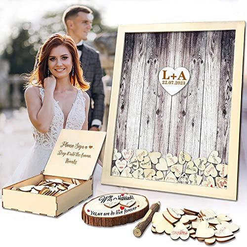 Neamon Wedding GuestBook Alternative Pen Sign Drop Top Wooden Frame for Baby Shower Birthday Party Decoration 120 Hearts