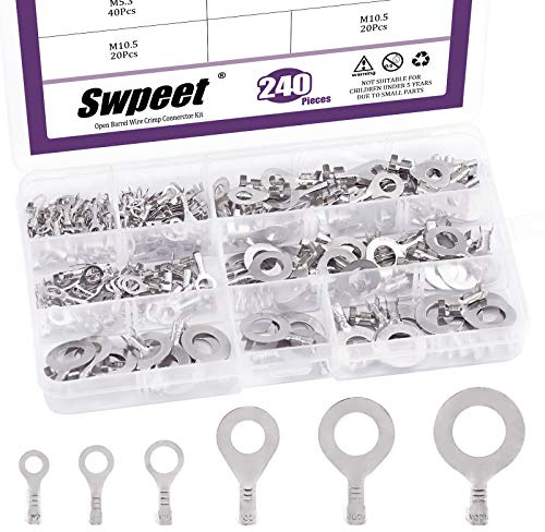 Swpeet 240Pcs Sliver M3.2 M4.2 M5.3 M6.3 M8.4 M10.5 Non-Insulated Open Barrel Wire Crimp Copper Terminal Connerctor Kit, Ring Lugs Crimp Cable Terminal for Crimp Solid Wires or Stranded Wires
