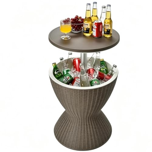 Tangkula Outdoor Cool Bar Tisch, Rattan Stil Terrasse 8 Gallonen Bier- und Weinkühler, Allwetter-Eiskübel mit höhenverstellbarer Oberseite, Ablaufstopfen, 3-in-1 Cocktail-Couchtisch für Party, Pool