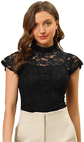 Allegra K Damen Kurzarm Dirndl Trachtenbluse Stehkragen Mesh Durchsichtig Elegant Spitze Oberteil Schwarz M